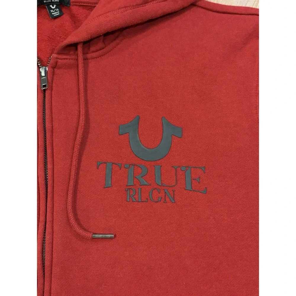 True Religion Hoodie Full Zip Red Maroon XL Buddha Graphic Logo Bubble Print Y2K